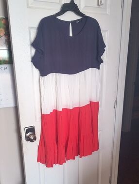 Such A Cute Dress!  Colorblock Tiered Midi Dress - Navy, White & Red